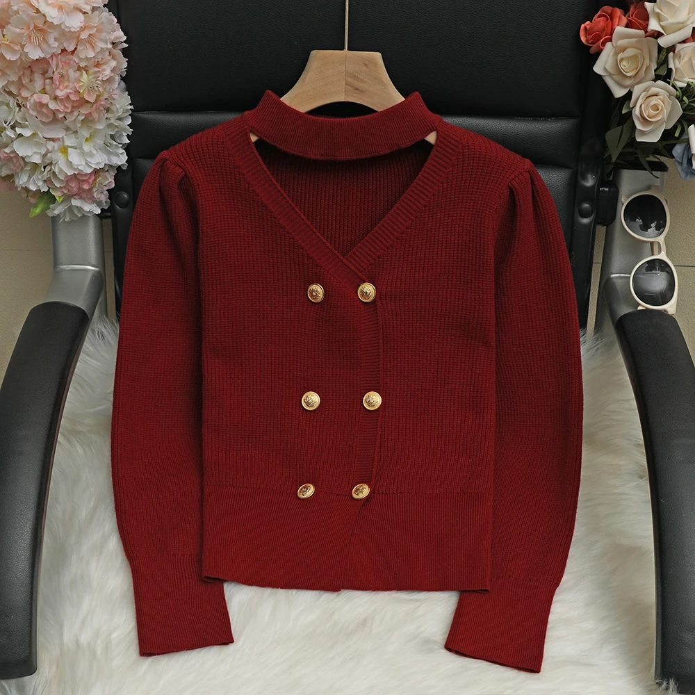 洋气挂脖复古红针织衫女长袖秋冬设计感时尚百搭显瘦镂空短款毛衣