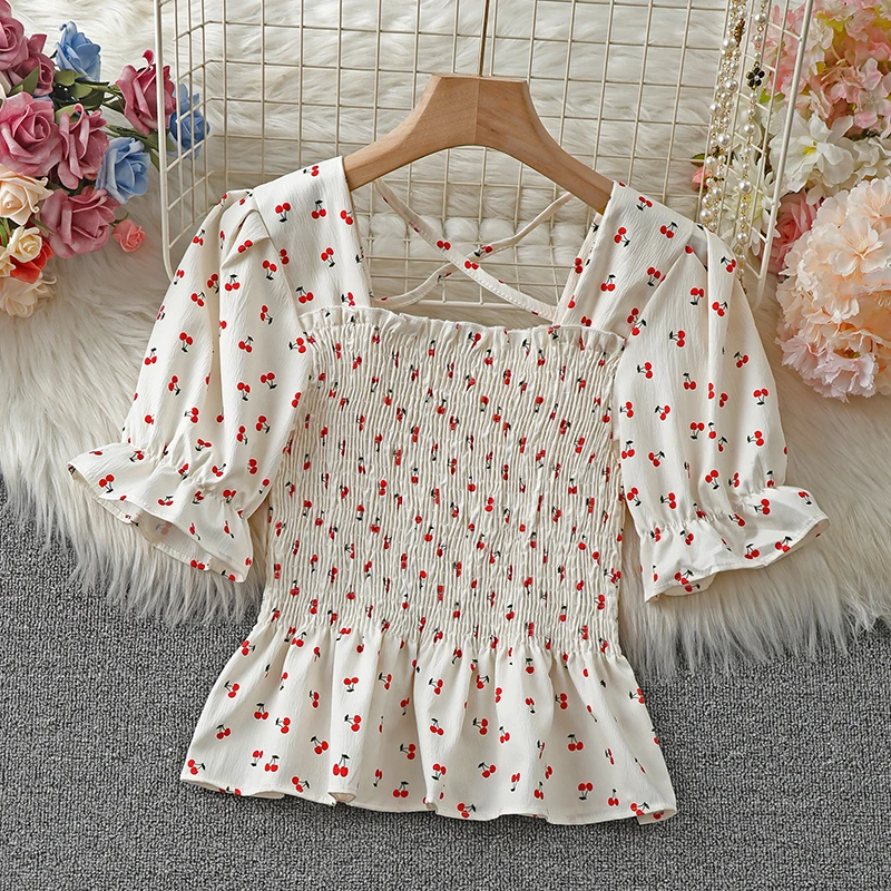 碎花泡泡袖收腰短款上衣女夏季新款修身洋气露背显瘦雪纺衬衫短袖