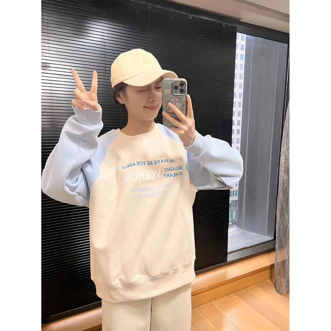 插肩袖卫衣宽松版内搭美式复古圆领oversize女春秋字母小个子外套