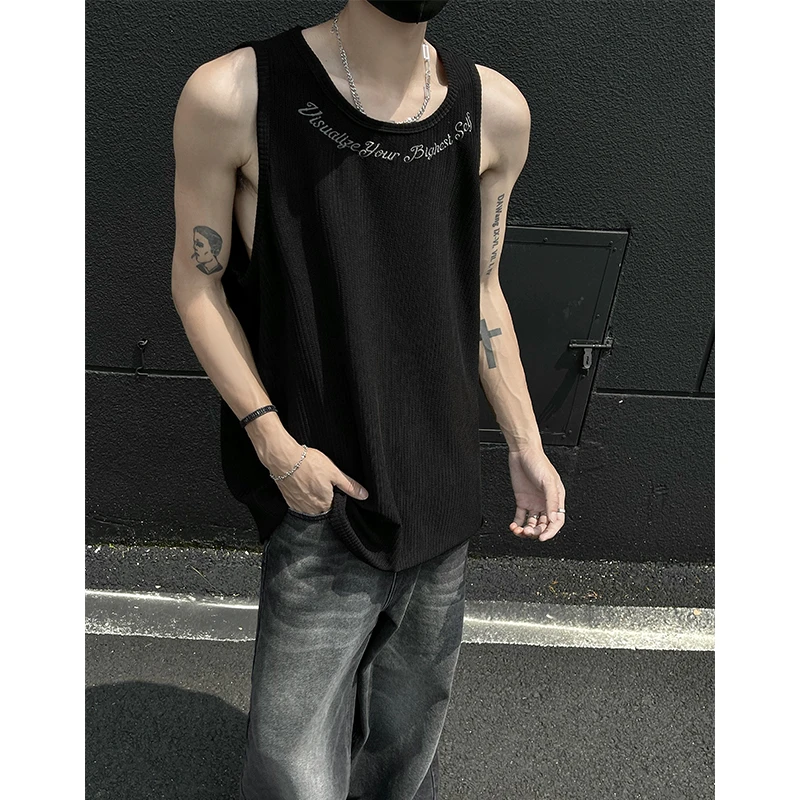夏季美式字母刺绣无袖T恤男外穿百搭健身潮流痞帅坎肩男士背心