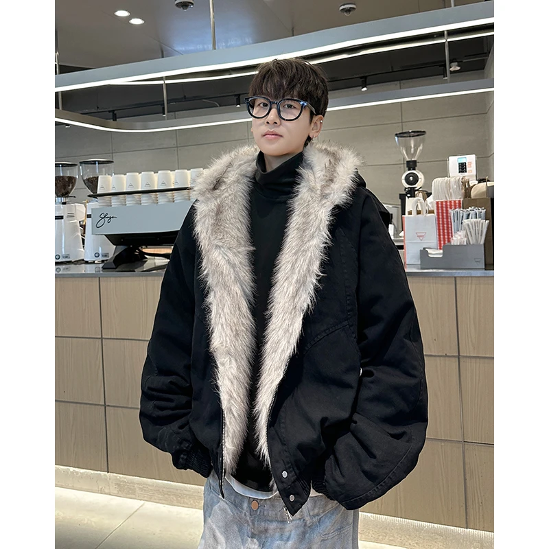 美式座山雕加绒加厚外套男女冬季潮牌cleanfit工装夹克毛领棉服潮