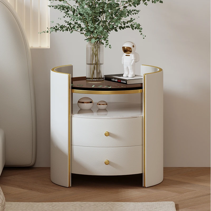 轻奢奶油风床头柜圆形简约现代卧室床边柜极简岩板茶色玻璃储物柜