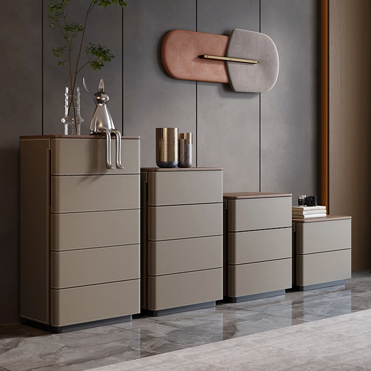 高端极简马鞍皮五斗柜卧室三四斗柜家用抽屉柜实木收纳柜床尾边柜