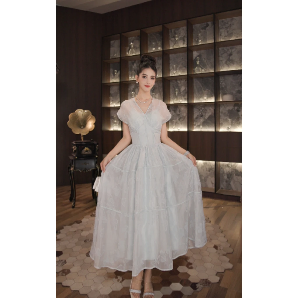 七爷定制 国内设计师品牌 优雅收腰复古气质显瘦印花连衣裙 21273