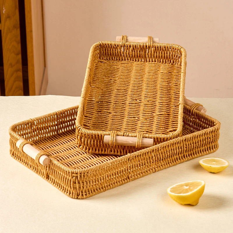 仿藤编托盘果盘双耳手工提手果篮家用小吃零食点心盘收纳筐馒头筐