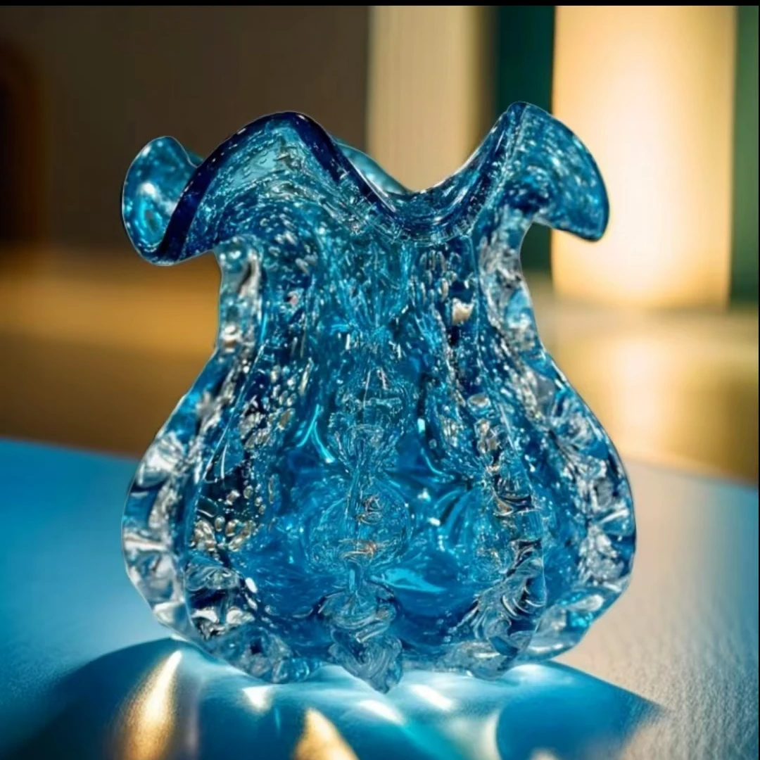 蓝色琉璃钱袋芬顿ins风法式花瓶手工琉璃玻璃家插花器软装摆件花