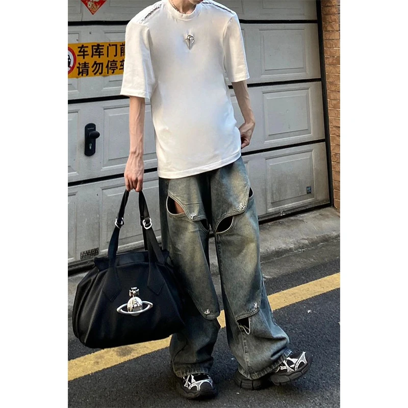 重磅帅气设计线条牛仔裤男女复古做旧镂空金属情侣阔腿新款长裤子