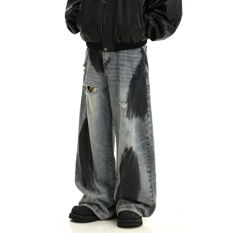 重磅高街涂鸦水洗做旧破洞牛仔裤男女复古宽松百搭直筒阔腿长裤子
