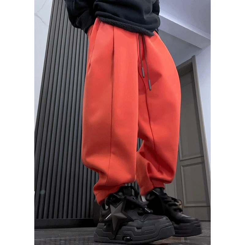 原创潮牌加绒加厚直筒裤男秋冬裤子休闲裤潮流冬季可调节拖地卫裤