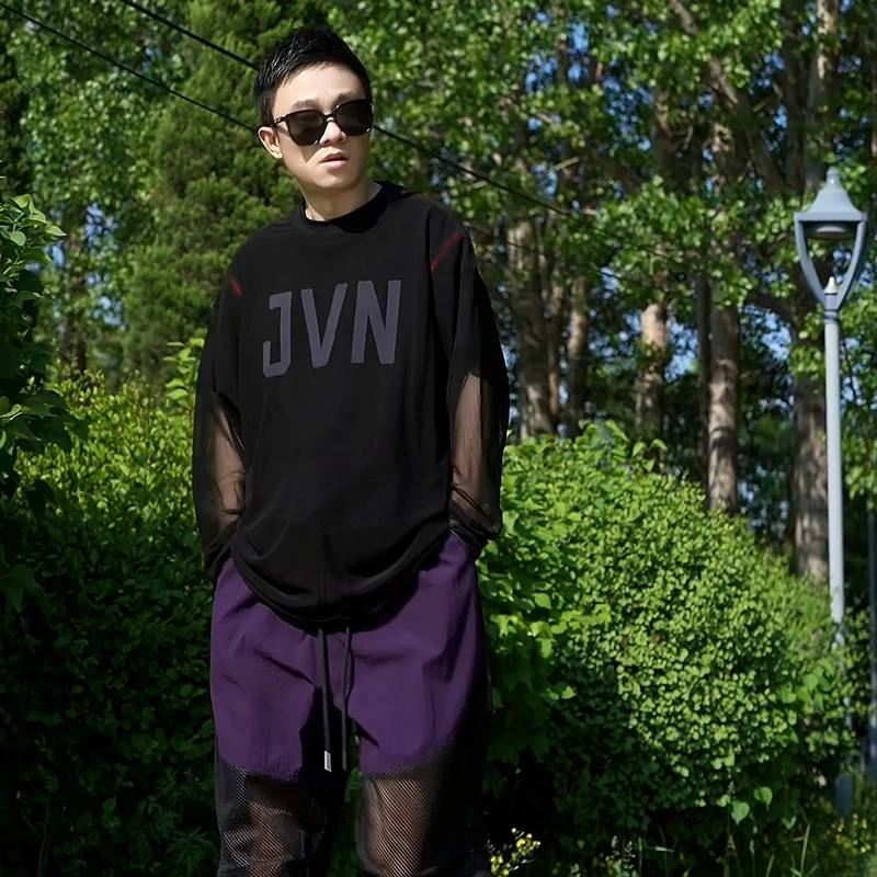 夏季网纱潮牌防晒T恤男户外时尚休闲情侣宽松圆领刺绣百搭黑色