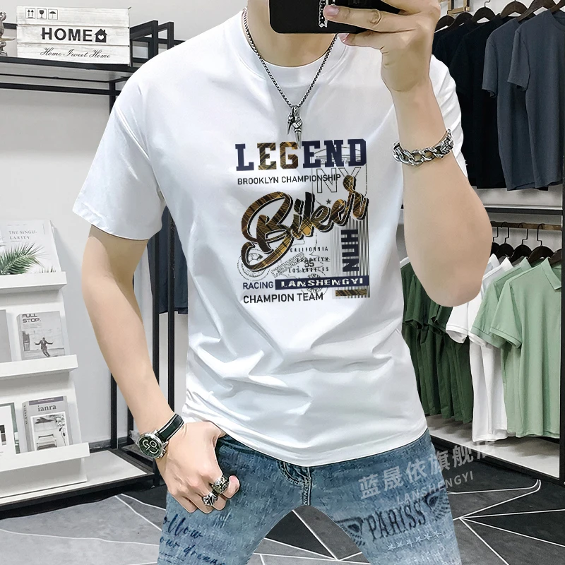 男士短袖t恤夏季潮牌男装休闲时尚印花半袖男体恤ins修身百搭圆领