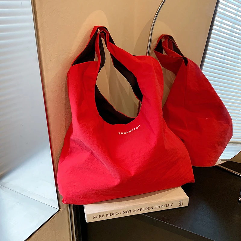 红色帆布包包女2024新款时尚大容量单肩腋下包学生上课通勤托特包