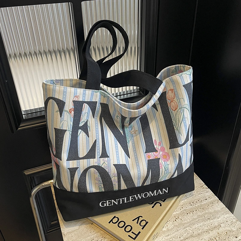 帆布通勤托特包女大容量2025新款春夏百搭休闲单肩包大学生上课包