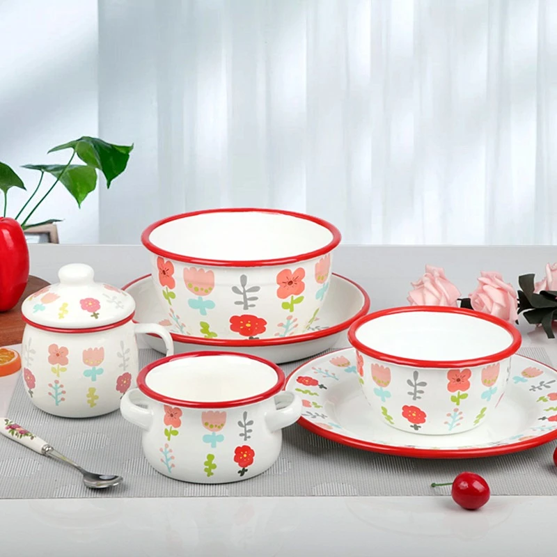 搪瓷餐具碗盘高品质特厚珐琅搪瓷碗搪瓷盘菜碟饭碗面碗儿童双耳碗