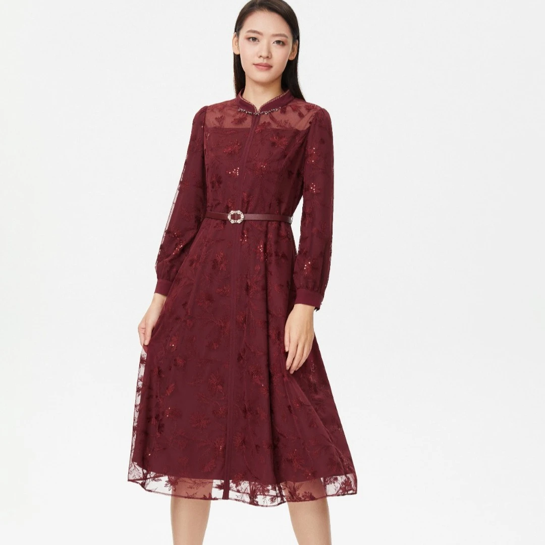 【新年、龙年】朗姿时尚高端长款中式设计师连衣裙女士蕾丝气质24K年