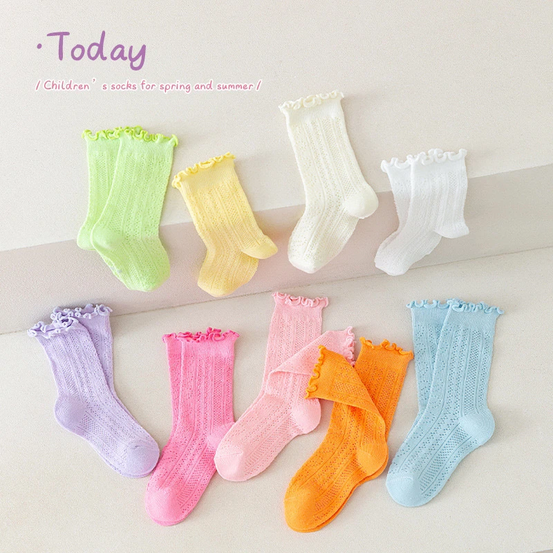 夏季女童袜子薄款儿童透气网眼宝宝夏天花边中筒糖果色公主袜子