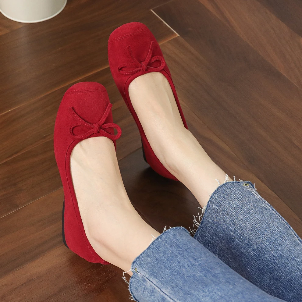 2025春秋百搭浅口软底奶奶法式蝴蝶结内增高绒面红色单鞋女妈妈鞋