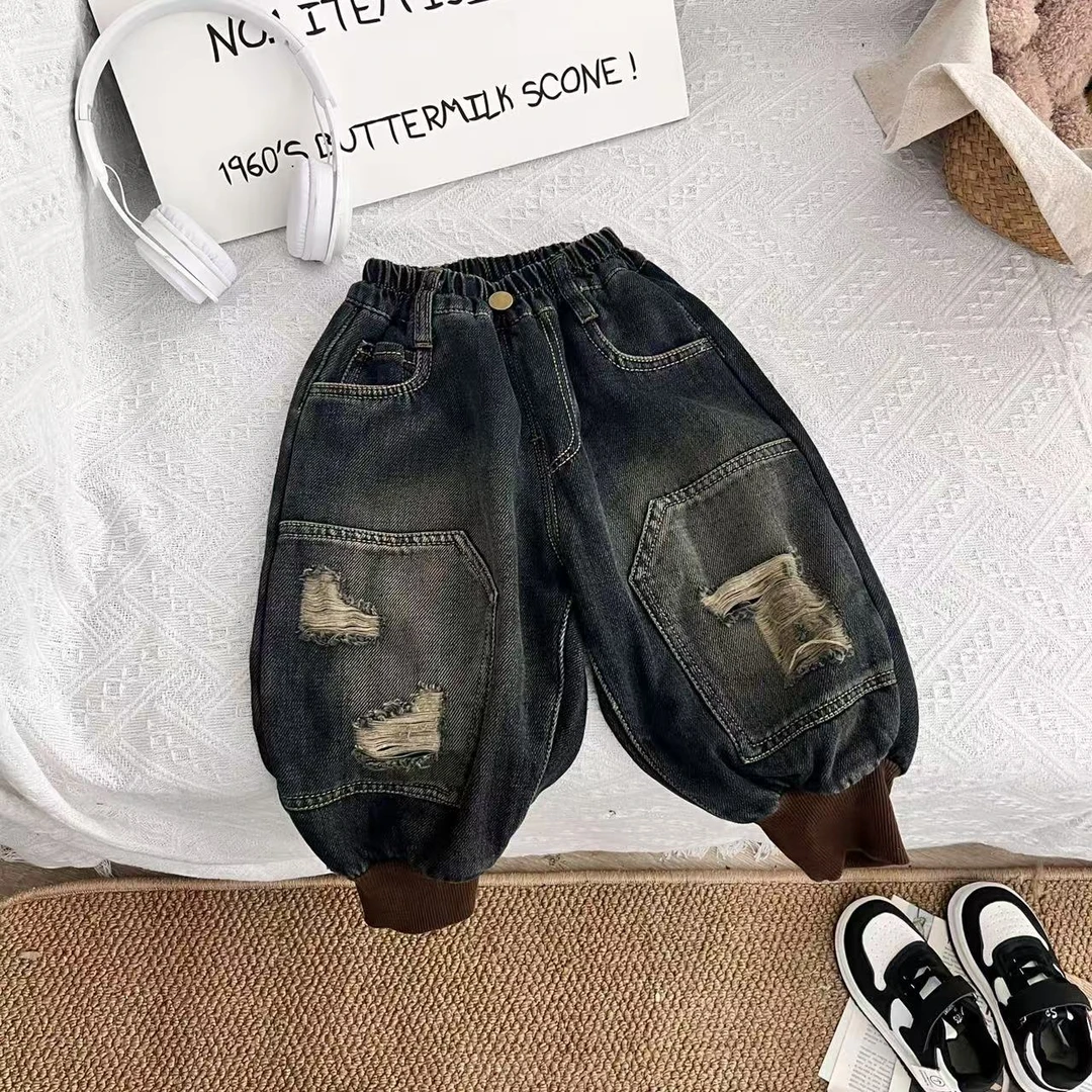 2024年秋冬新款儿童加绒牛仔裤百搭韩版宽松时尚30070牛仔