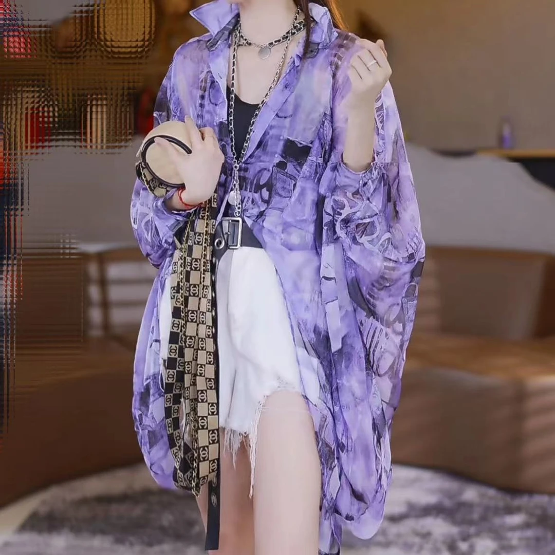 韩版宽松印花水墨蝙蝠袖防晒衬衫慵懒风上衣