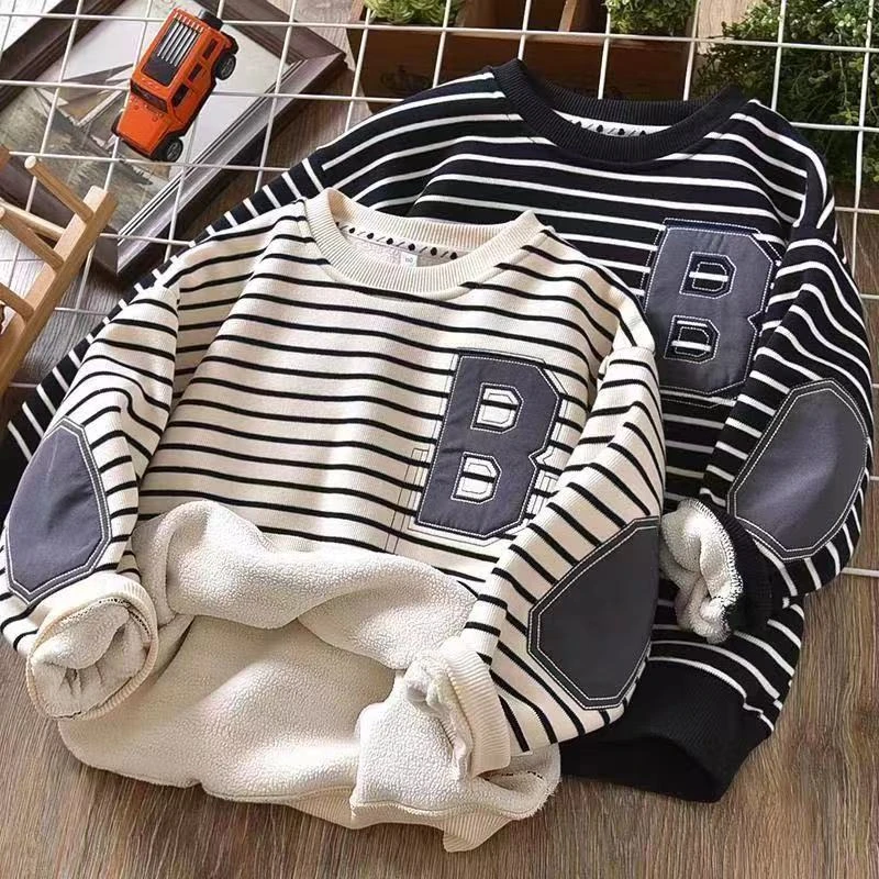 男童卫衣圆领条纹冬季加绒刺绣卫衣新款韩版潮流时尚中大童卫衣