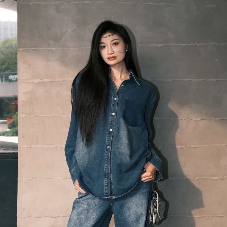 Maca Kaka 设计感洗水衬衫,牛仔蓝 24FW0109004