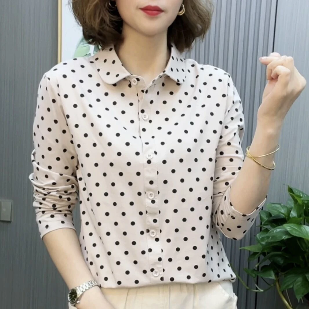 女装春季打底衫2023春秋款衬衫领气质圆点妈妈装时尚洋气波点小衫