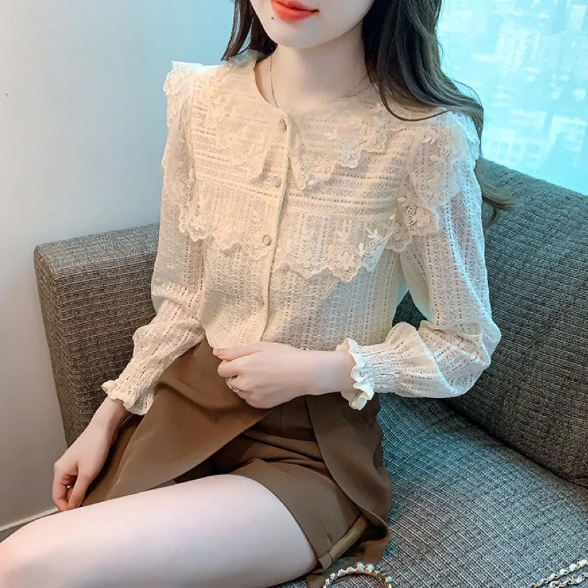 早秋季长袖蕾丝衬衫女装秋装2024年新款时尚洋气小衫百搭打底上衣