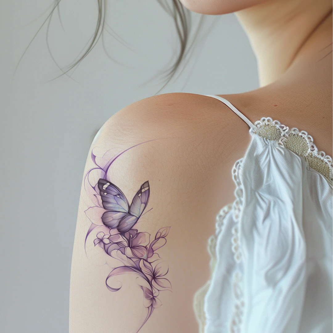 紫霞仙子紫色蝴蝶防水持久女生温柔仙女纹身贴2张装