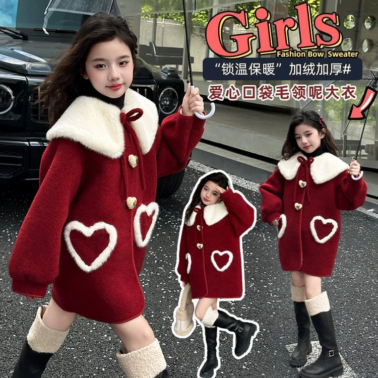 te女童呢大衣加绒加厚秋冬新款韩系甜美洋气中大童中长款毛领外套