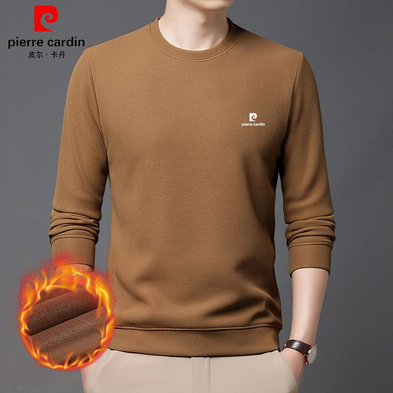 皮尔卡丹秋冬季打底衫华夫格卫衣加绒加厚袖男装休闲纯色宽松上衣