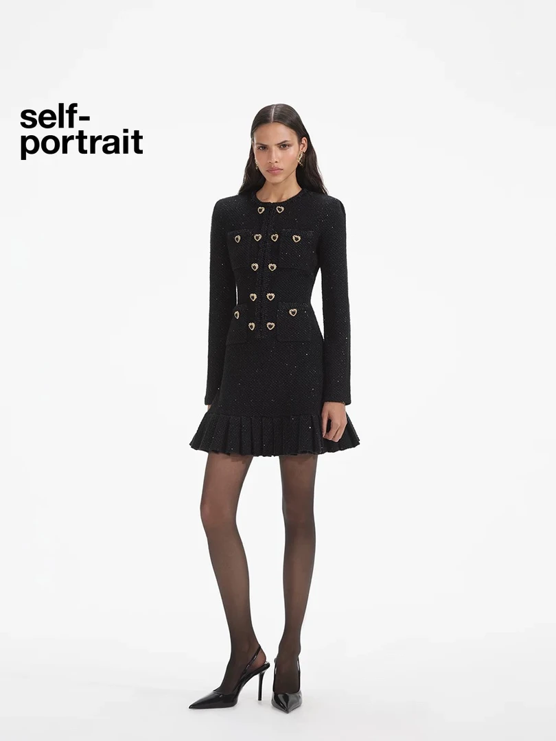 self-portrait2024秋冬经典黑针织连身短裙