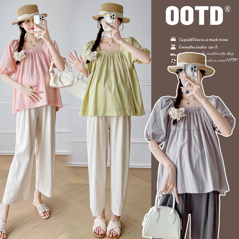 2024孕妈夏季正肩短袖法式设计泡泡袖方领上衣