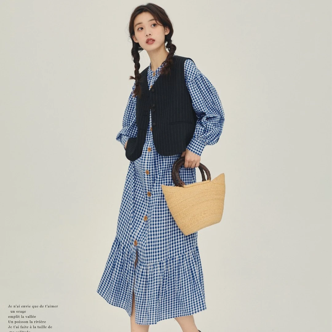 shyshy"夏末山谷"蓝格子棉清新圆领压褶抽绳格纹衬衫连衣裙