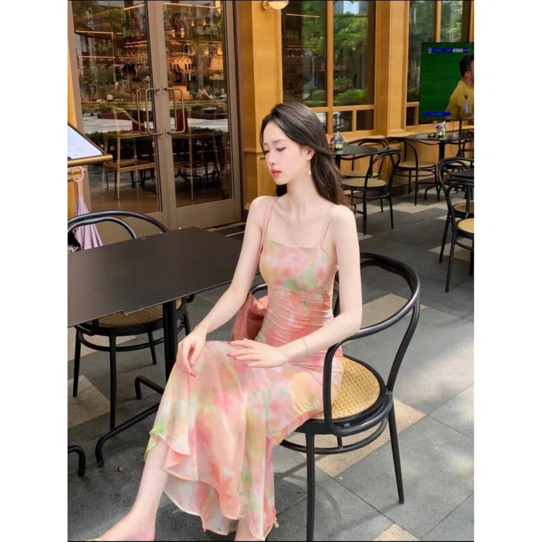 章蜜糖显白温柔紧身性感包臀收腰仙女裙晕染不规则痞帅炸街风女装