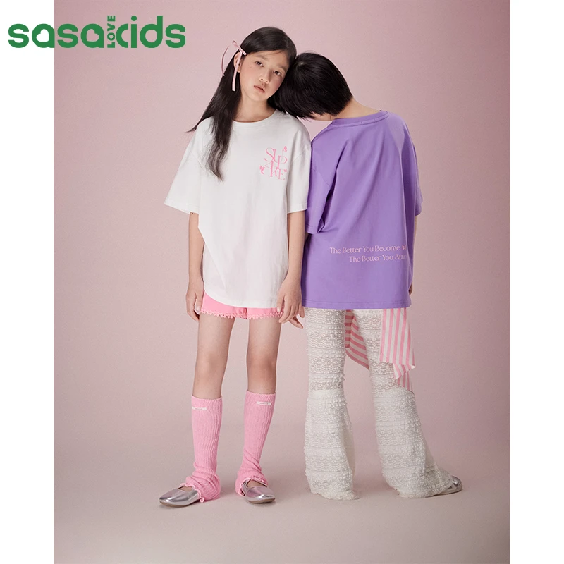 sasakids印花短袖T恤全棉中性宽松休闲大童t恤夏装