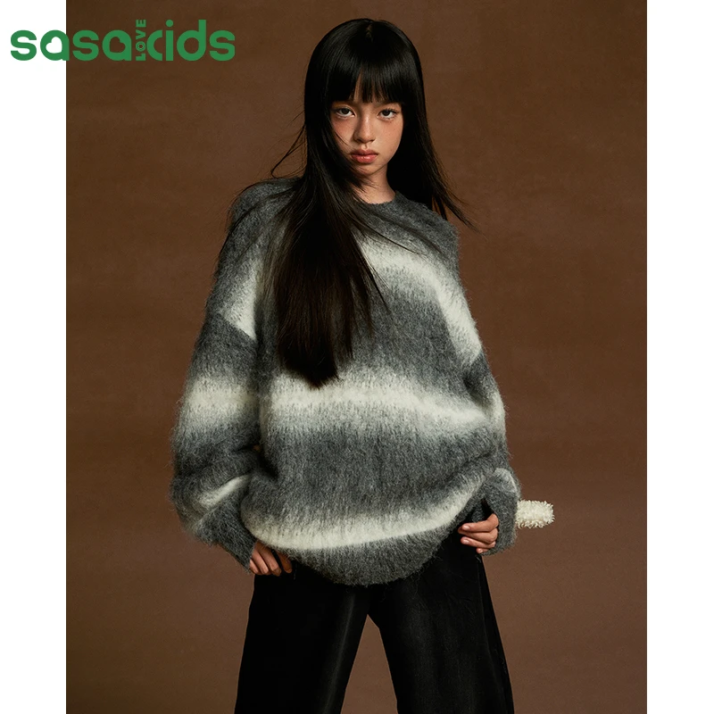 sasakids【No Problem系列】刷毛感羊毛混纺毛衣松软温暖慵懒女童装