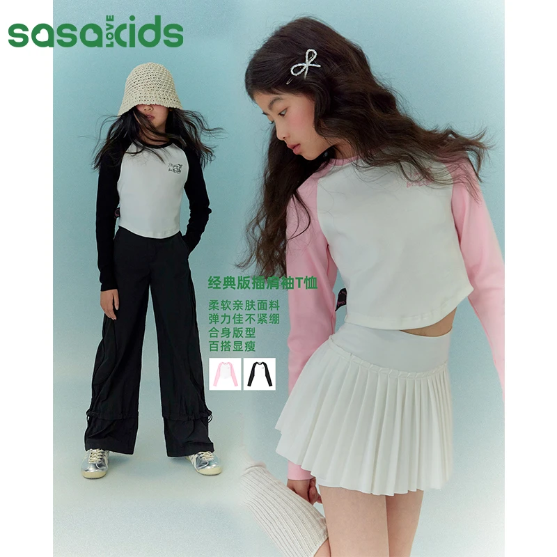 sasakids 双面弹力秘鲁棉烫钻印花休闲插肩袖T恤女童装