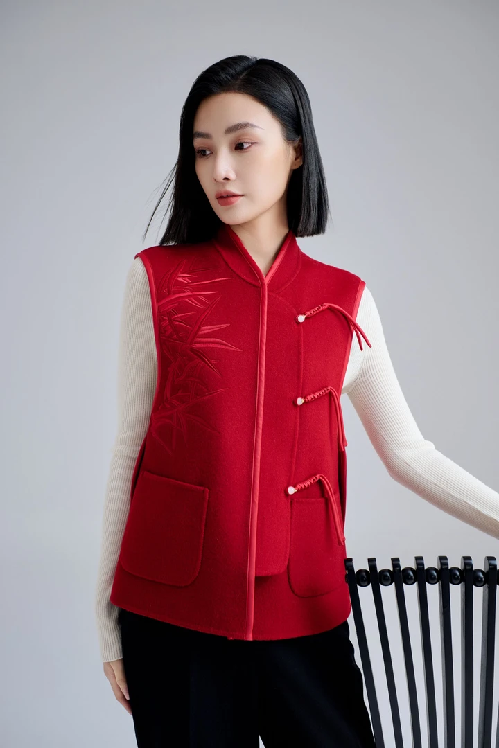 赫尔绮2025秋冬新款复古轻国风双面呢马甲纯色小立领女士羊毛外套