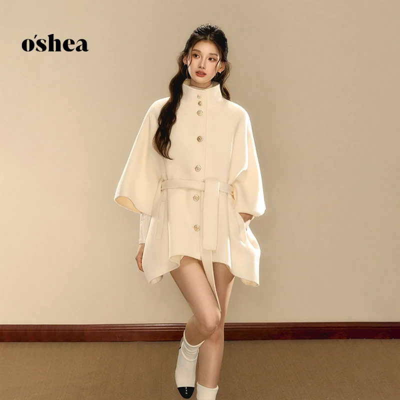 oshea【官方专享】100%奶白色双面呢斗篷外套女冬季金扣毛呢外套