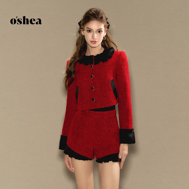 oshea【官方专享】红色小香风短裤2023圣诞战袍短裤