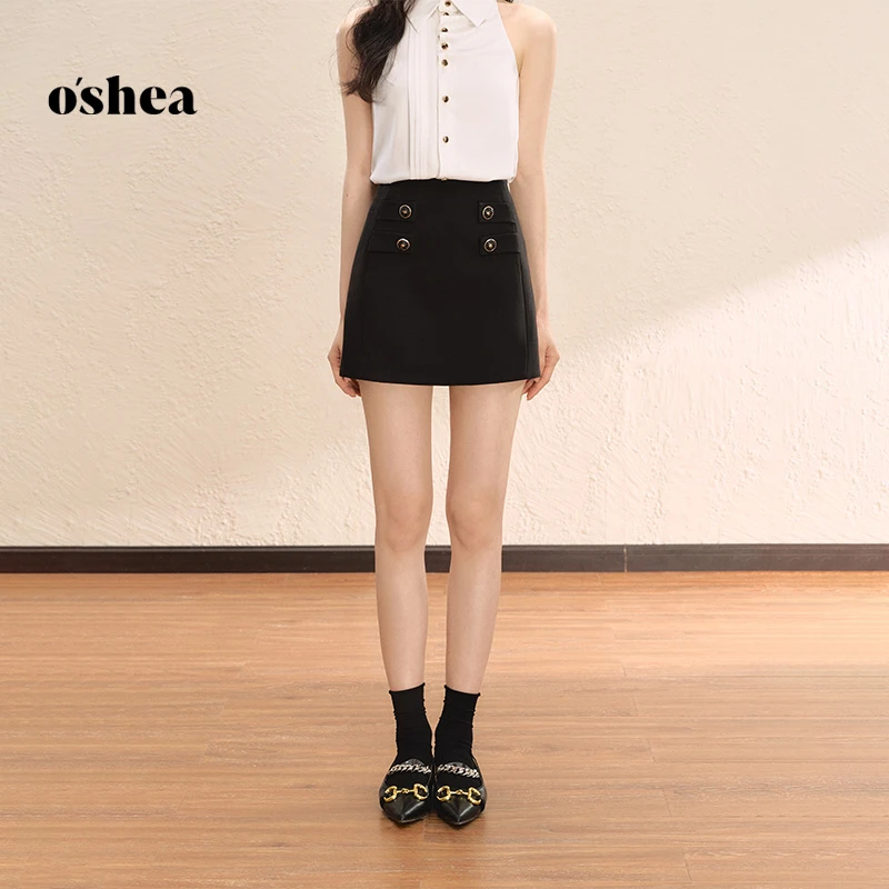oshea【官方专享】黑色半身裙女高腰显瘦时尚肌理感小个子a字短裙
