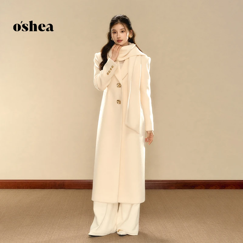 oshea【官方专享】软糯奶白大衣女冬极致收腰高级简约长款毛呢外套