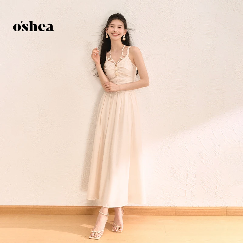 oshea 【官方专享】法式度假风吊带连衣裙夏季珠钻露背显瘦挂脖长裙