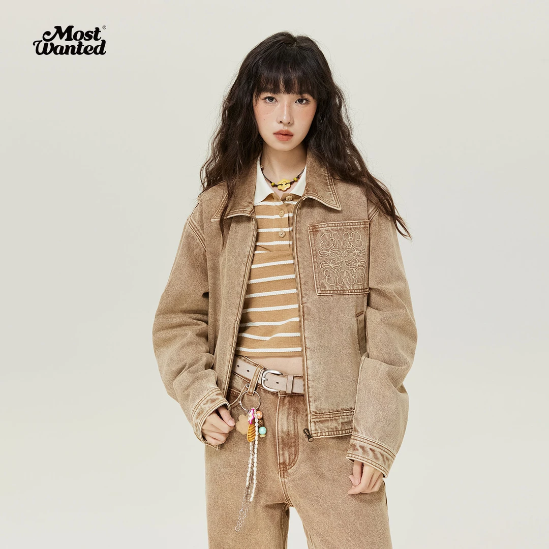 MOSTWANTEDLAB小花四方连续十字绣牛仔夹克M2434041