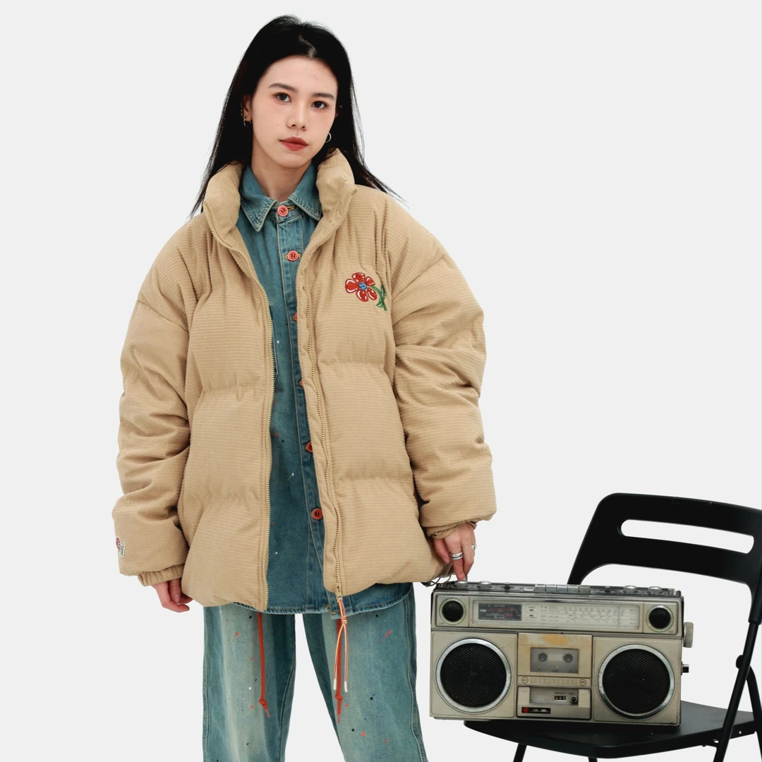 【品牌】Mostwantedlab小花刺绣灯芯绒立领情侣棉服外套男冬季女