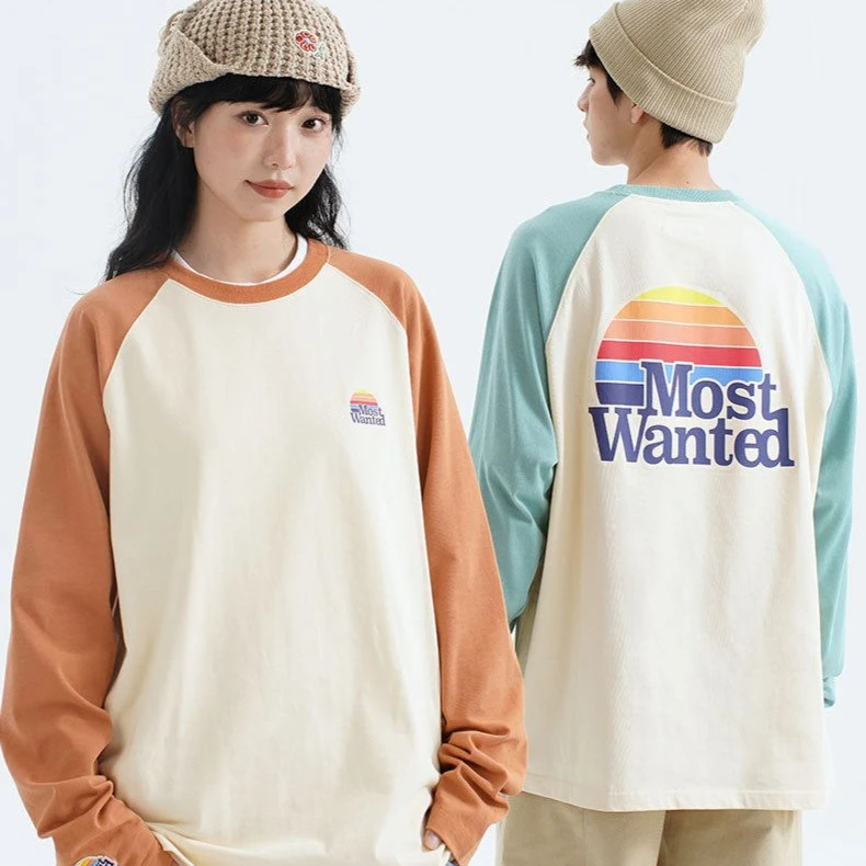 mostwanted彩虹插肩长袖春秋情侣宽松纯棉日系撞色七夕浪漫高能感