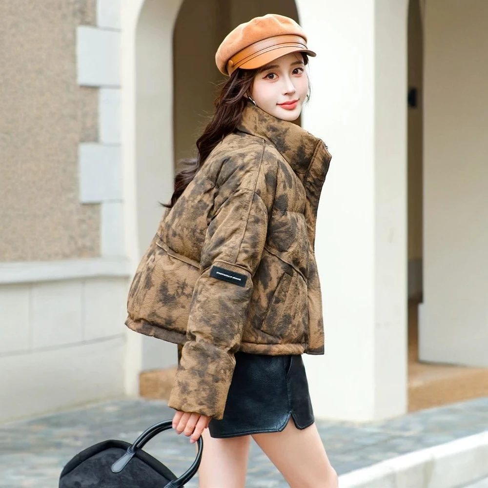 短款面包服女冬季2024新款小个子时髦洋气复古扎染立领短外套保暖