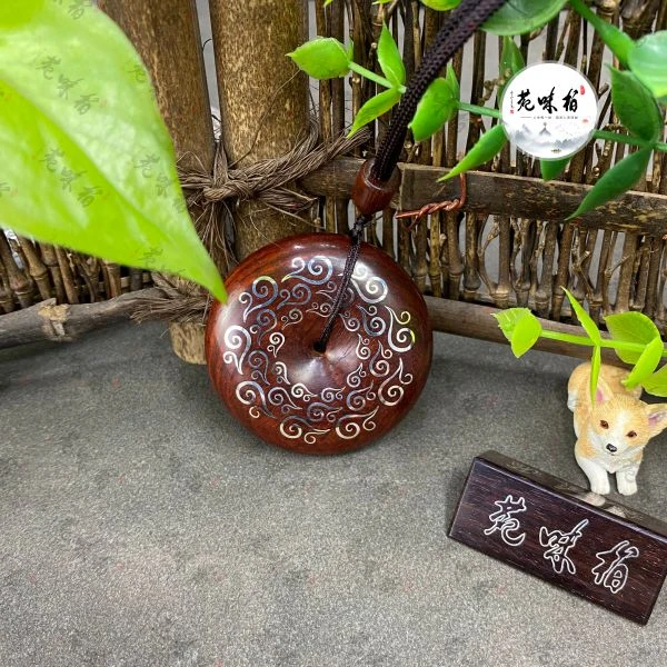 印度小叶紫檀平安扣银丝镶嵌祥云粗细渐变平安扣挂件把件