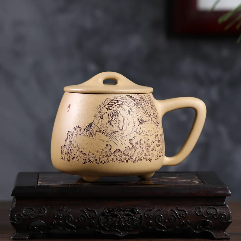 <桃源甄选>乐之老师刻绘《卧虎》500cc本小容量绿石瓢家用紫砂盖杯
