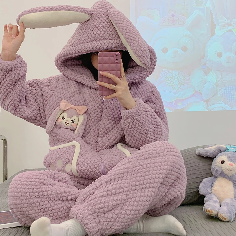 三层加棉睡衣女冬季加厚可外穿夹棉珊瑚绒可爱保暖棉袄长款连帽